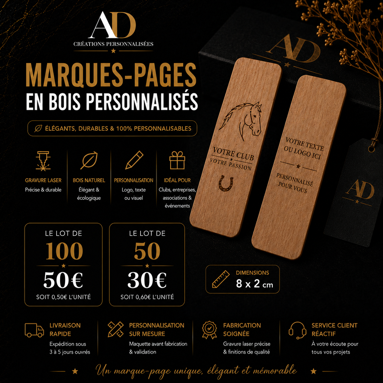 Marques-pages en bois personnalisés | Gravure laser sur mesure