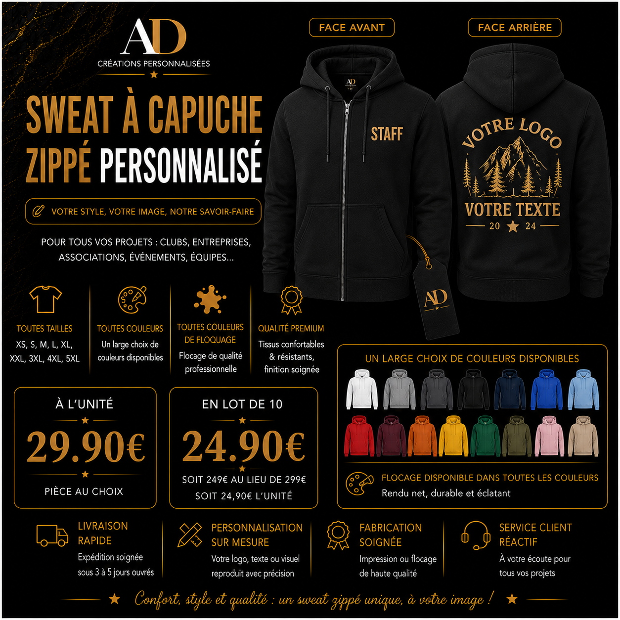 Sweats à capuche zippés personnalisés | Flocage sur mesure
