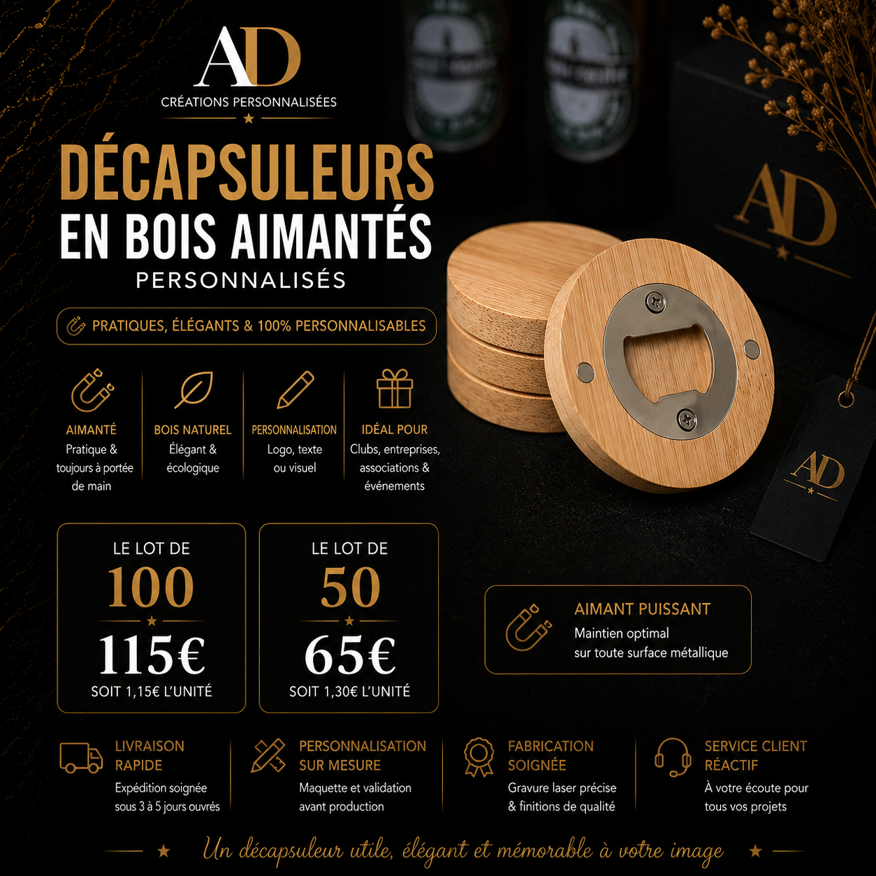 Décapsuleurs en bois aimantés personnalisés | Gravure laser