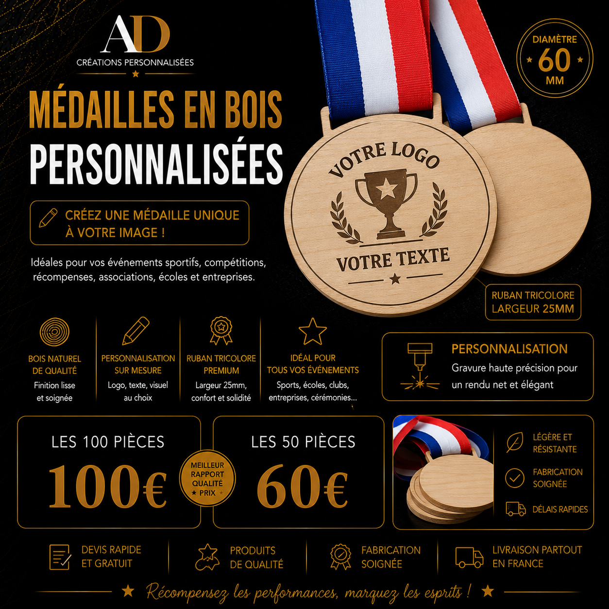 Médailles en bois personnalisées avec ruban tricolore