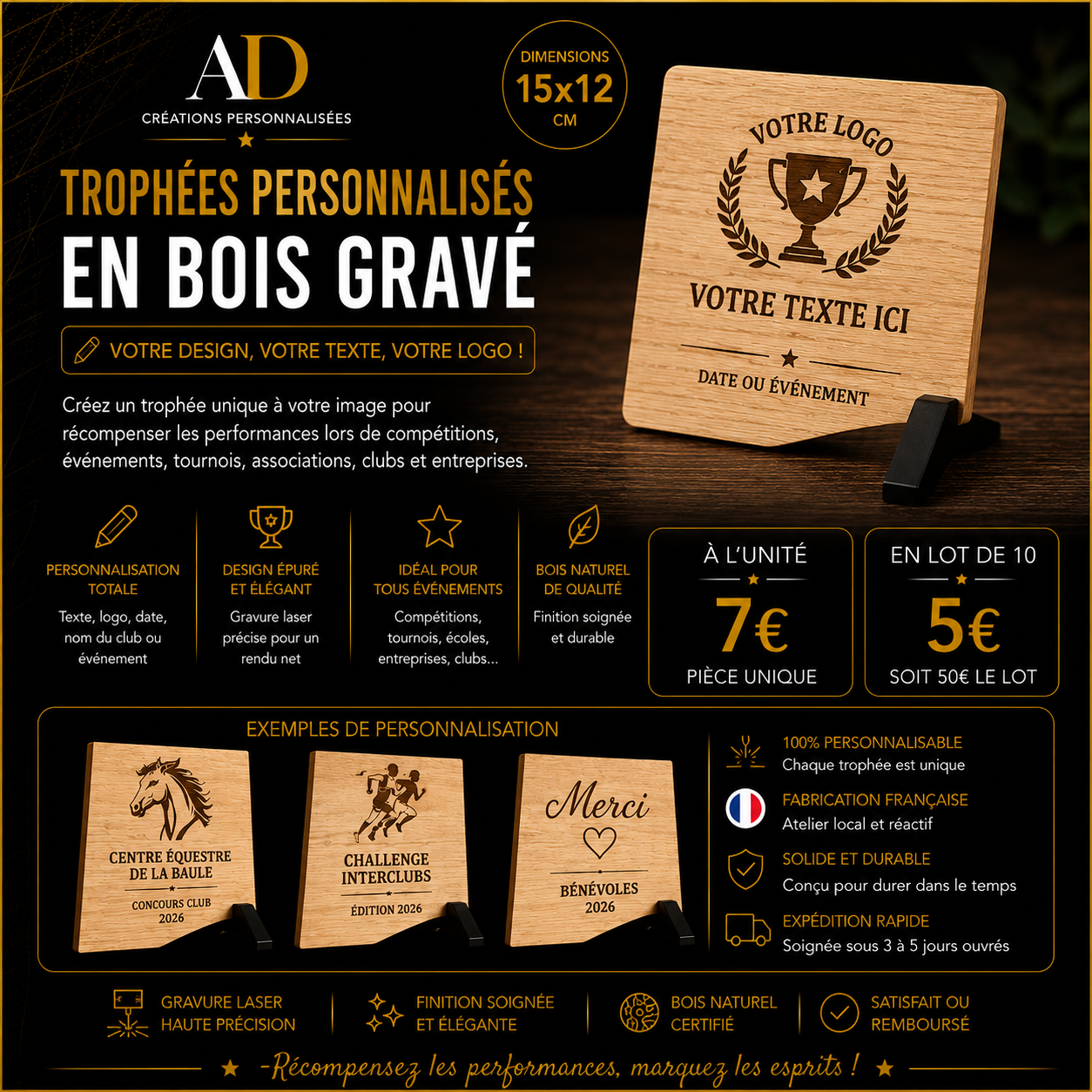 Trophées personnalisés en bois gravé | Gravure laser